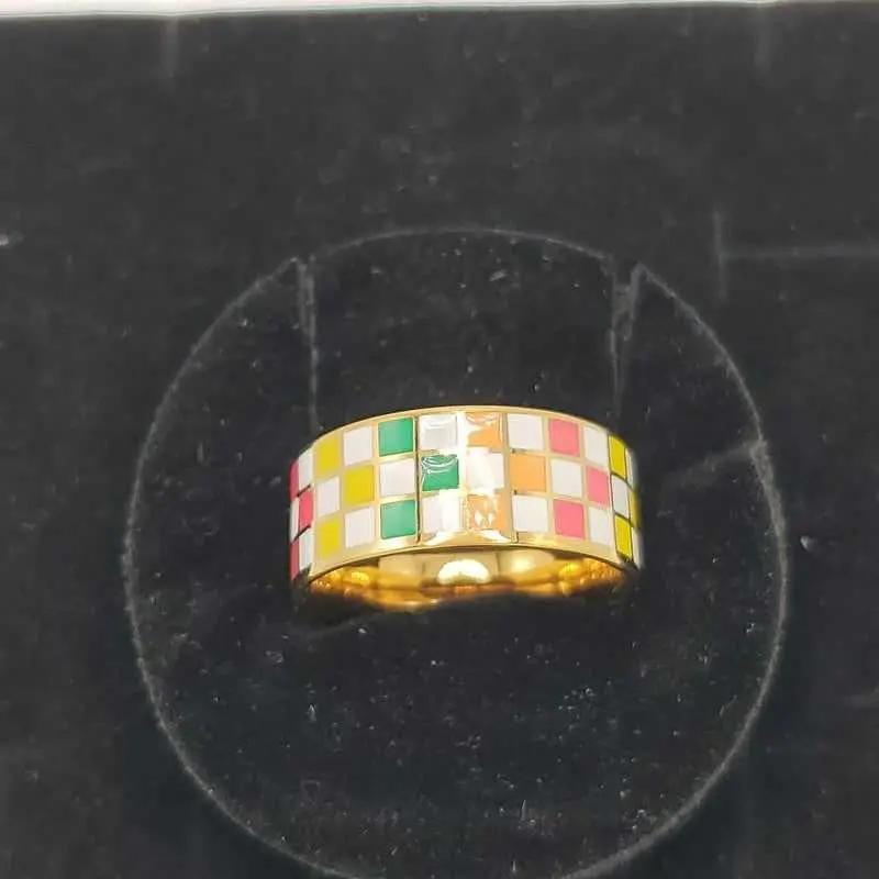 Enamel Checkerboard Ring - 21K Gold Plated Band in Gold finish on a neutral background