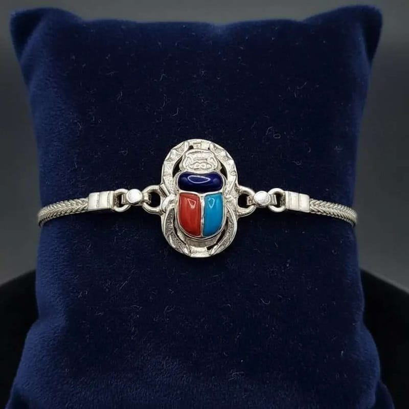 Pharaonic Scarab Bracelet in Silver finish on a neutral background
