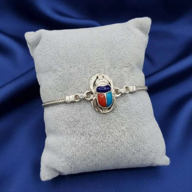 Pharaonic Scarab Bracelet in Silver finish on a neutral background