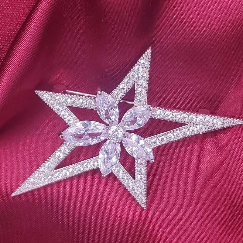 Floral Star Brooch in Silver finish, with cubic zirconia stone on and marquise-cut stones