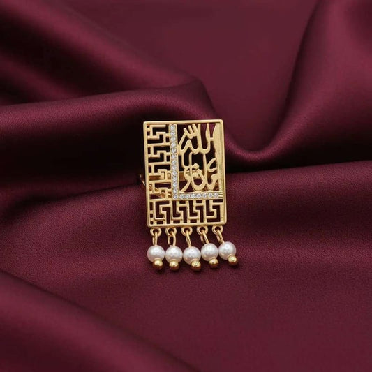 Islamic Design Ring in Gold finish, with cubic zirconia stone on stones, and dangling white pearls