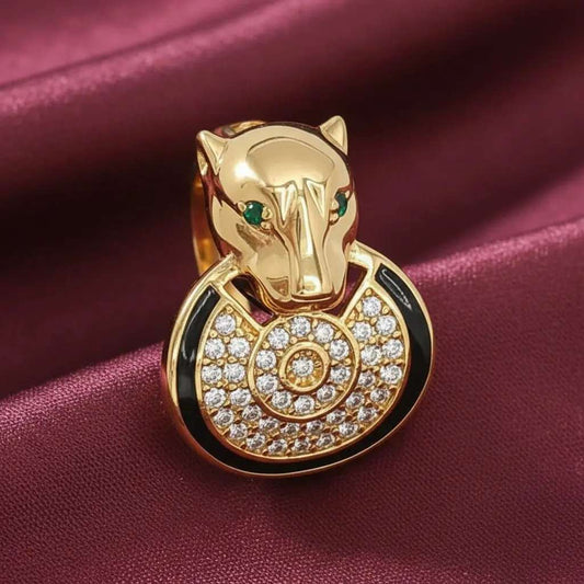 Leopard Head Ring in Gold finish, with cubic zirconia stone on and green emerald eyes, featuring black enamel