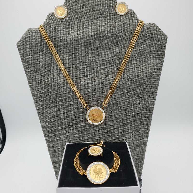 Lira Coin Jewelry Set in Gold finish, with cubic zirconia stone on necklace, bracelet, ring, and earrings set
