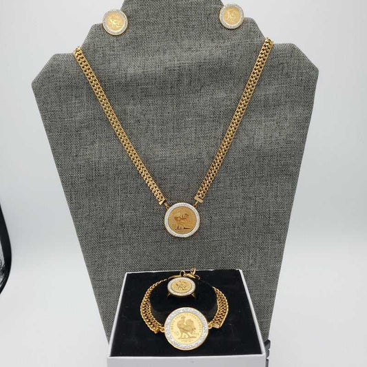 Lira Coin Jewelry Set in Gold finish, with cubic zirconia stone on necklace, bracelet, ring, and earrings set