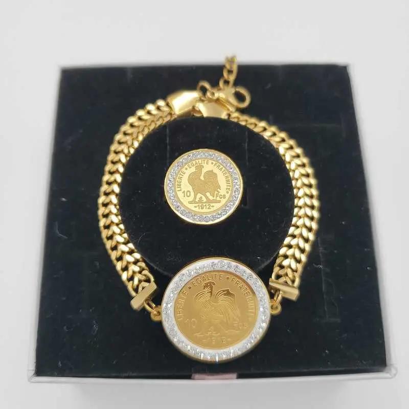 Lira Coin Jewelry Set in Gold finish, with cubic zirconia stone on accents