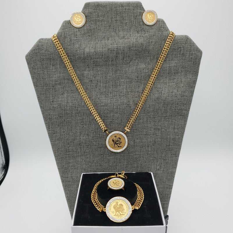 Lira Coin Jewelry Set in Gold finish, with cubic zirconia stone on necklace, bracelet, ring, and earring set