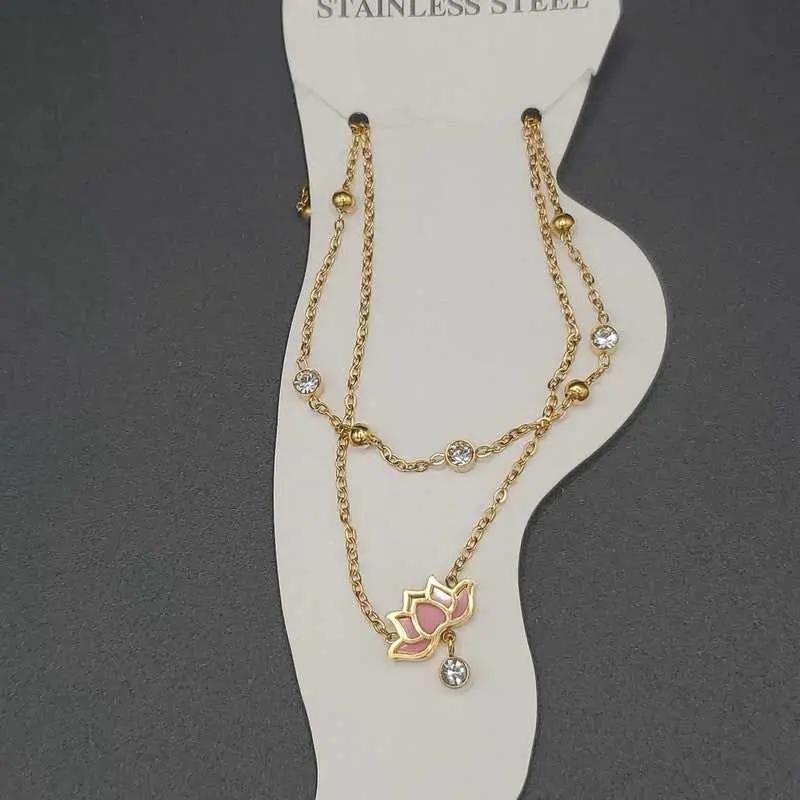 Lotus Flower Anklet in Gold finish, with cubic zirconia stone on stones