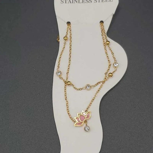 Lotus Flower Anklet in Gold finish, with cubic zirconia stone on stones
