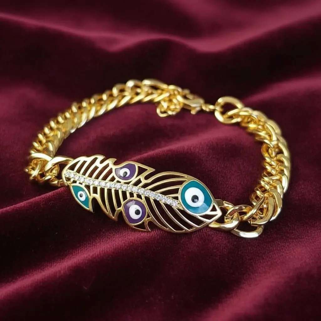 Lustrous Feather Bracelet in Gold finish, with cubic zirconia stone on and colorful evil eye enamel design