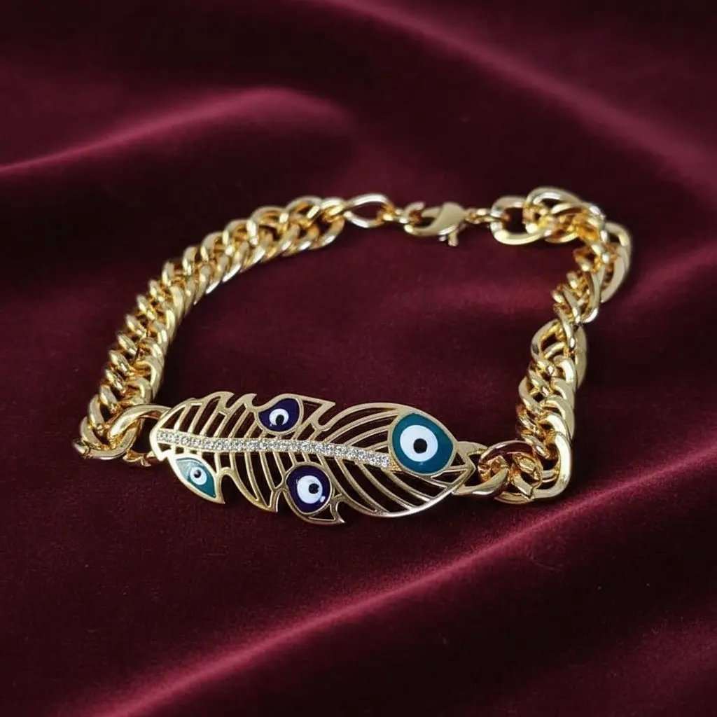 Lustrous Feather Bracelet in Gold finish, with cubic zirconia stone on stones