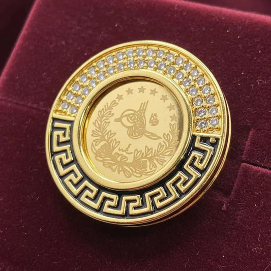 Modern Lira Coin Ring in Gold finish, with cubic zirconia stone on stones and black enamel Greek key pattern