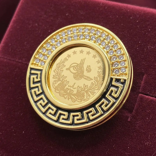 Modern Lira Coin Ring in Gold finish, with cubic zirconia stone on stones and black enamel Greek key pattern
