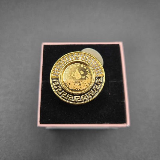 Modern Lira Coin Ring in Gold finish, with cubic zirconia stone on stones and black enamel Greek key pattern