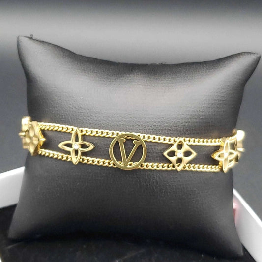 Monogram Flower Double Chain Bracelet | 18K Gold Plated Siwar Gallery