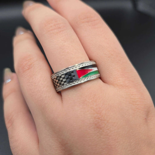 Palestine Flag Ring in Silver finish on a neutral background