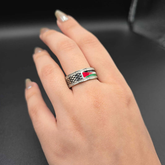 Palestine Flag Ring in Silver finish on a neutral background