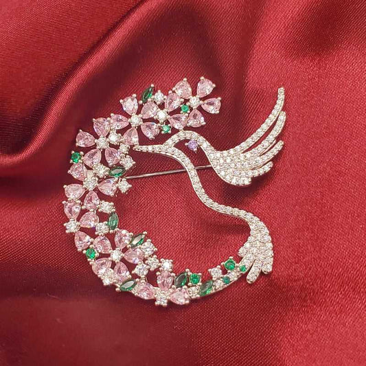 Rhinestone Bird Brooch in Silver finish, with cubic zirconia stone on stones