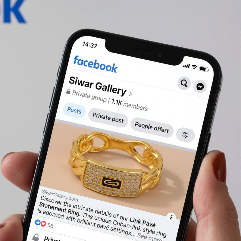 A hand holding a smartphone showing a Facebook post about a gold link pavé statement ring from Siwar Gallery Facebook Group.