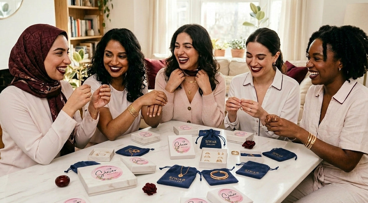 Five women gathered around a marble table in a bright room, smiling and laughing while trying on and displaying gold jewelry from Siwar Gallery. Several white jewelry boxes and burgundy jewelry pouches are arranged on the table.