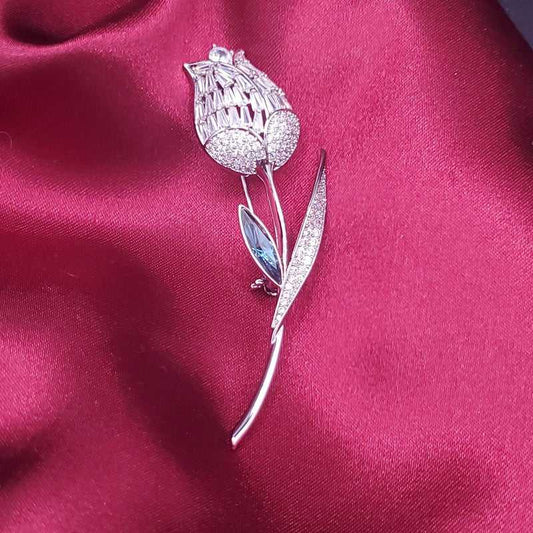 Tulip Flower Brooch in Silver finish, with cubic zirconia stone on stones