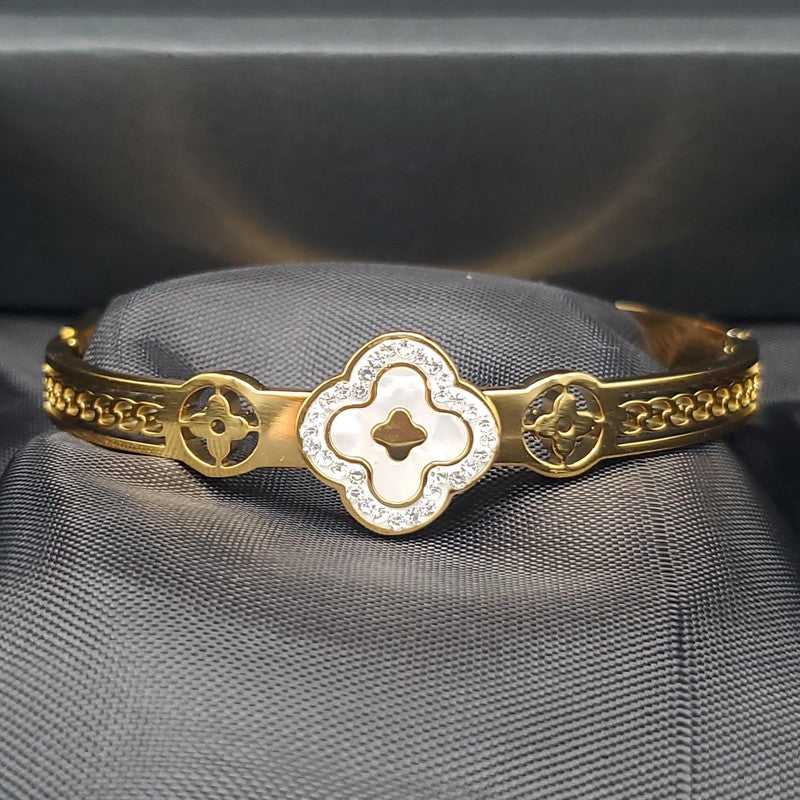 White Clover Bangle in Gold finish on stones and mother-of-pearl inlay